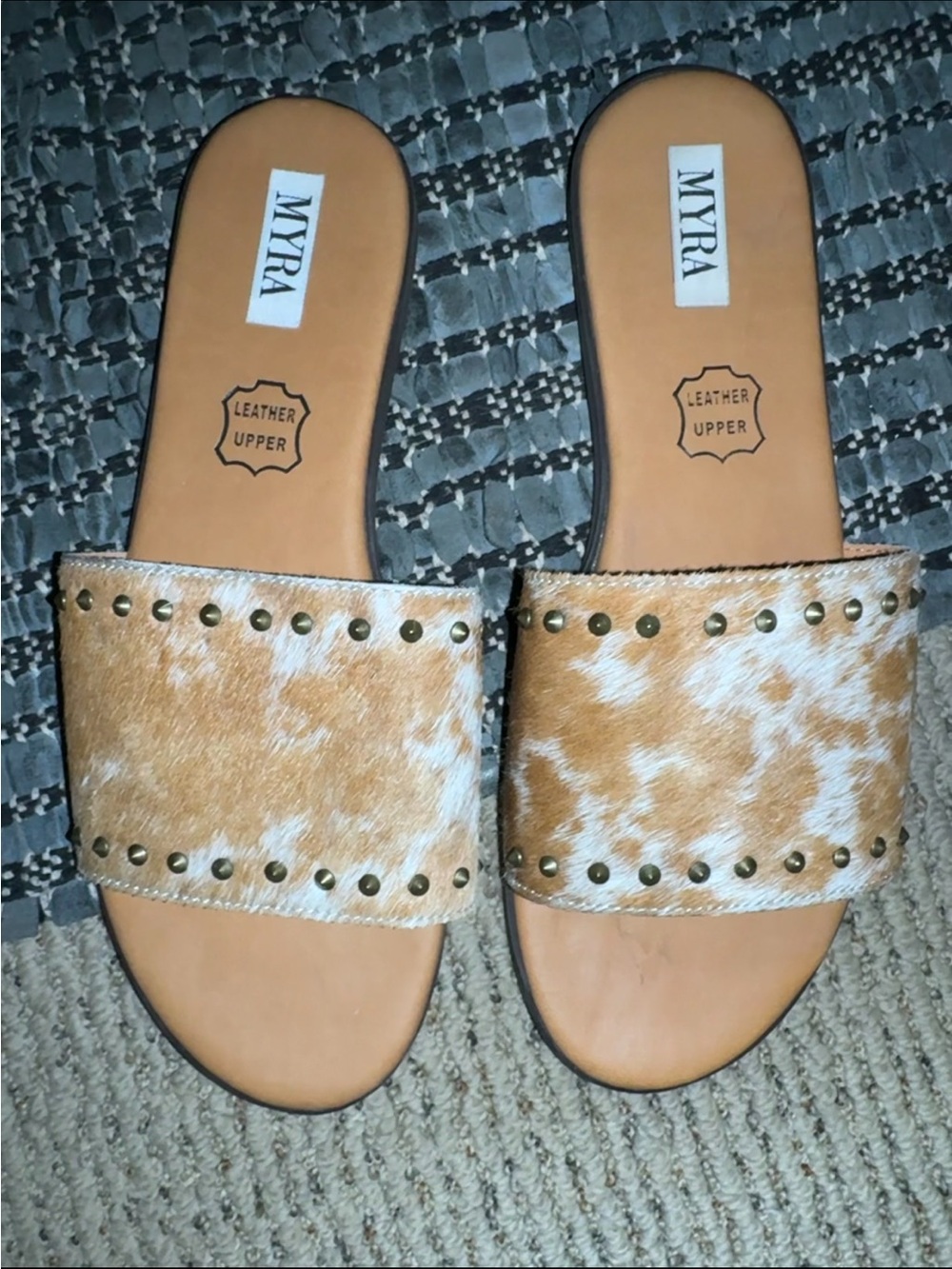Myra Tan and White Haircalf Stud Slide Sandals